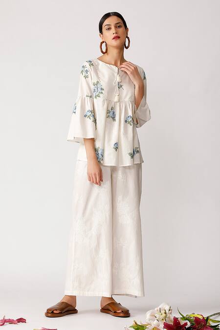 Umbar_White Cotton Tie-up Embroidered Top_Online_at_Aza_Fashions