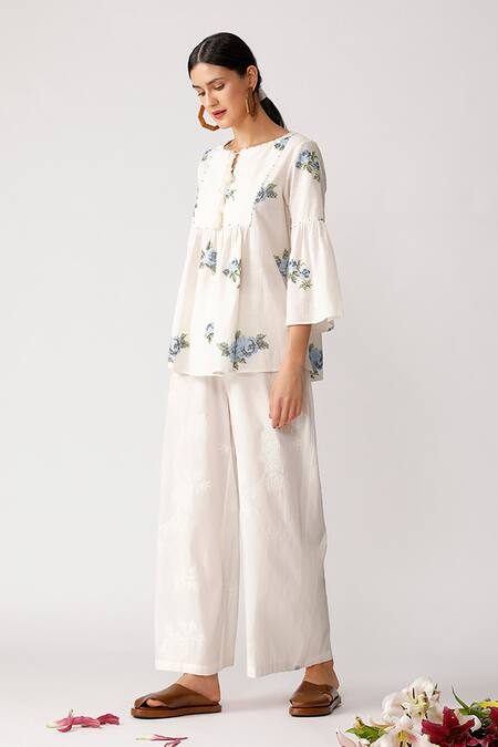 Buy_Umbar_White Cotton Tie-up Embroidered Top_Online_at_Aza_Fashions