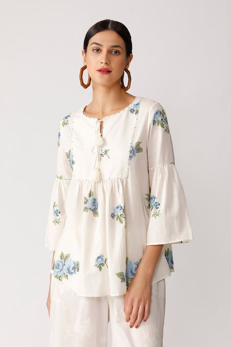 Shop_Umbar_White Cotton Tie-up Embroidered Top_Online_at_Aza_Fashions
