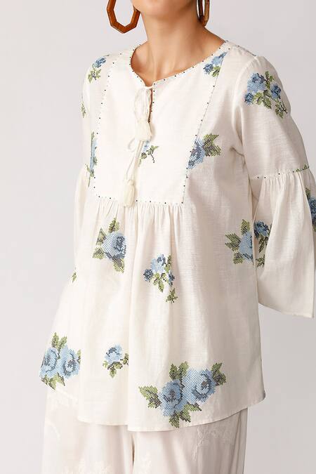 Umbar_White Cotton Tie-up Embroidered Top_at_Aza_Fashions