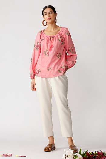 Payal Pratap_Pink Chambray Cotton Scoop Neck Embroidered Top _Online_at_Aza_Fashions