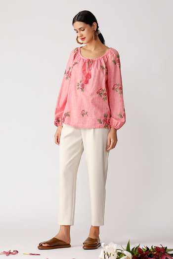 Buy_Payal Pratap_Pink Chambray Cotton Scoop Neck Embroidered Top _Online_at_Aza_Fashions