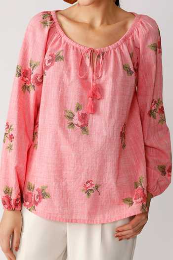 Shop_Payal Pratap_Pink Chambray Cotton Scoop Neck Embroidered Top _Online_at_Aza_Fashions