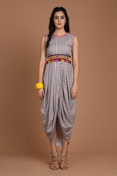 Buy_Preeti S Kapoor_Grey Crepe Round Printed Draped Dress With Cape _Online_at_Aza_Fashions