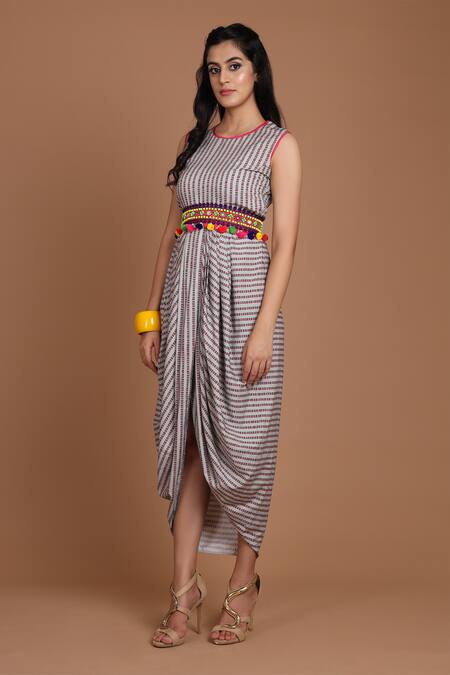 Buy Preeti S Kapoor Grey Crepe Round Printed Draped Dress With Cape Online at Aza Fashions Buy_Preeti S Kapoor_Grey Crepe Round Printed Draped Dress With Cape _Online_at_Aza_Fashions