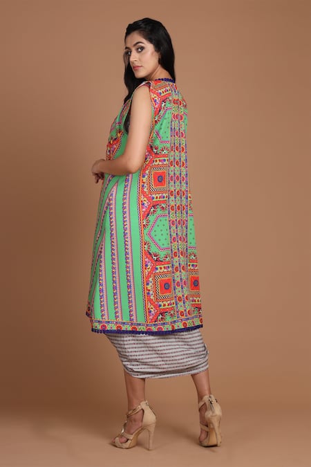 Preeti S Kapoor Printed Draped Dress with Cape 