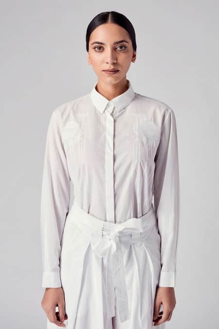 Rajesh Pratap Singh White Cotton Bird Motifs Shirt Collar Ujlan Embroidered at Aza Fashions Rajesh Pratap Singh_White Cotton Bird Motifs Shirt Collar Ujlan Embroidered _at_Aza_Fashions