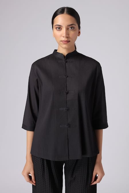Shop_Rajesh Pratap Singh_Black Cotton Shirt Collar Dei _Online_at_Aza_Fashions