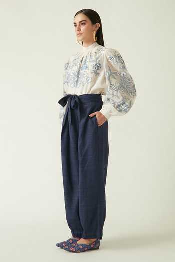 Payal Pratap_Off White Chanderi Embroidery Floral Round High Neck Borneo Top  _Online_at_Aza_Fashions