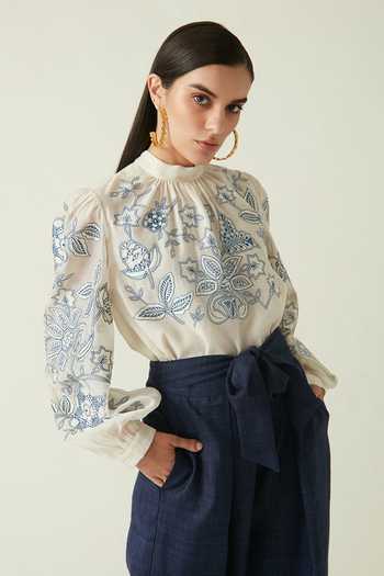 Buy_Payal Pratap_Off White Chanderi Embroidery Floral Round High Neck Borneo Top  _Online_at_Aza_Fashions