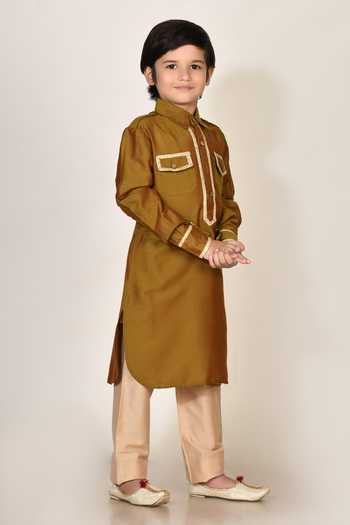 Petite Pomme_Brown Cotton, Silk Pathani Kurta And Pant Set _Online_at_Aza_Fashions