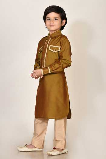 Buy_Petite Pomme_Brown Cotton, Silk Pathani Kurta And Pant Set _Online_at_Aza_Fashions