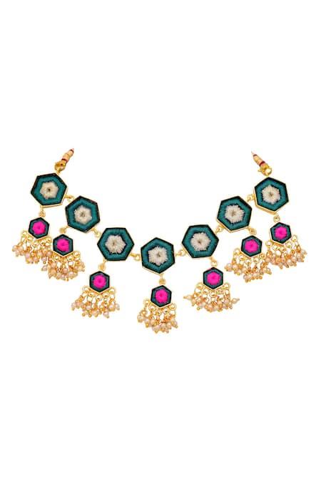 Shop Bauble Bazaar Gold Plated Silk Hand Embroidered Layered Choker at Aza Fashions Shop_Bauble Bazaar_Gold Plated Silk Hand Embroidered Layered Choker _at_Aza_Fashions