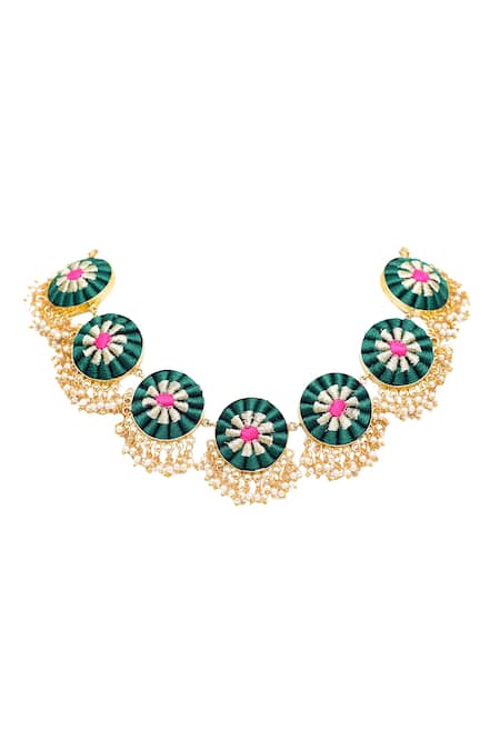 Shop Bauble Bazaar Gold Plated Silk Hand Embroidered Circular Choker at Aza Fashions Shop_Bauble Bazaar_Gold Plated Silk Hand Embroidered Circular Choker _at_Aza_Fashions