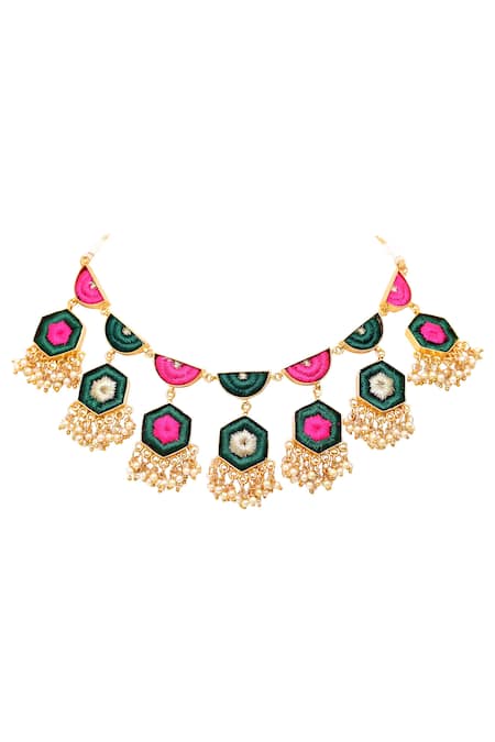 Bauble Bazaar Gold Plated Silk Hand Embroidered Layered Choker 