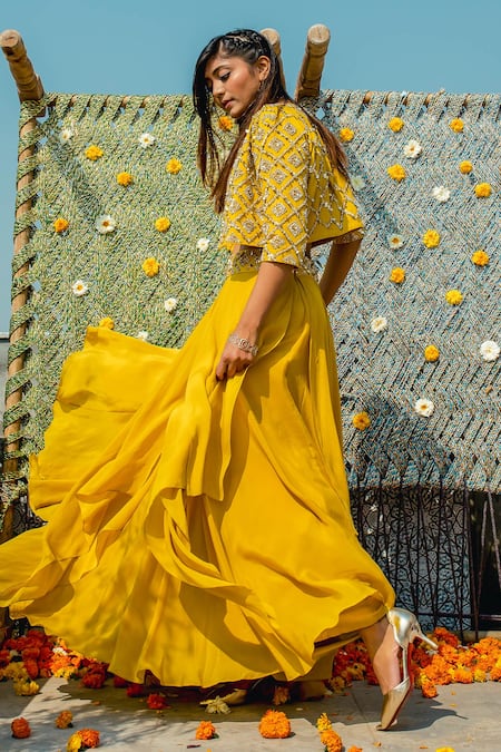 Label Sanya Gulati Yellow Crepe Embroidered Jacket Lehenga Set