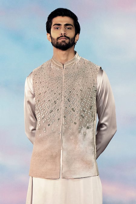 Shop Rohit Gandhi + Rahul Khanna Gray Silk, Velvet, Satin, Chanderi Beads, Gunmetal Bundi And Kurta Set at Aza Fashions Shop_Rohit Gandhi + Rahul Khanna_Gray Silk, Velvet, Satin, Chanderi Beads, Gunmetal Bundi And Kurta Set _at_Aza_Fashions