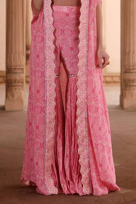 Shop Dheeru Taneja Pink Crepe Beads, Sequins Aisha Printed Cape And Sharara Pant Set Online at Aza Fashions Shop_Dheeru Taneja_Pink Crepe Beads, Sequins Aisha Printed Cape And Sharara Pant Set _Online_at_Aza_Fashions