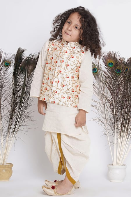 Little Bansi Cream Silk, Cotton Embroidery Floral Bundi Kurta Set Online at Aza Fashions Little Bansi_Cream Silk, Cotton Embroidery Floral Bundi Kurta Set _Online_at_Aza_Fashions