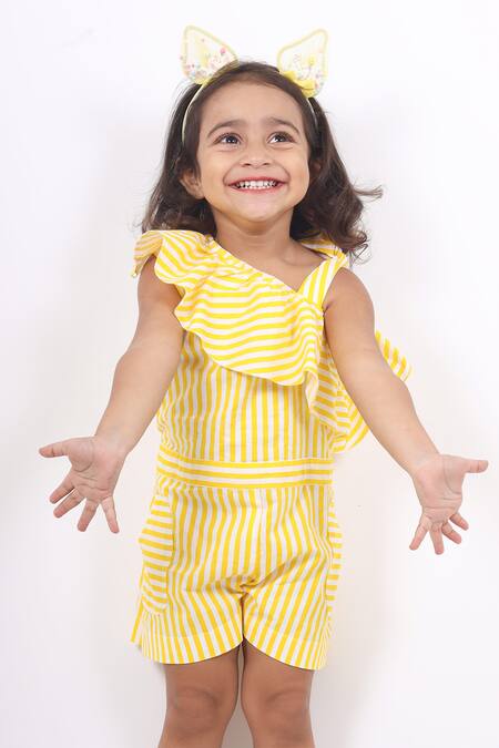 Buy_Maaikid_Yellow Cotton Striped One Shoulder Playsuit _Online_at_Aza_Fashions
