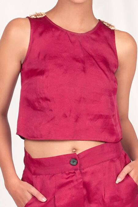 Seesa Pink Organza, Silk Embroidery Round Neck Sleeve Crop Top Online at Aza Fashions Seesa_Pink Organza, Silk Embroidery Round Neck Sleeve Crop Top _Online_at_Aza_Fashions