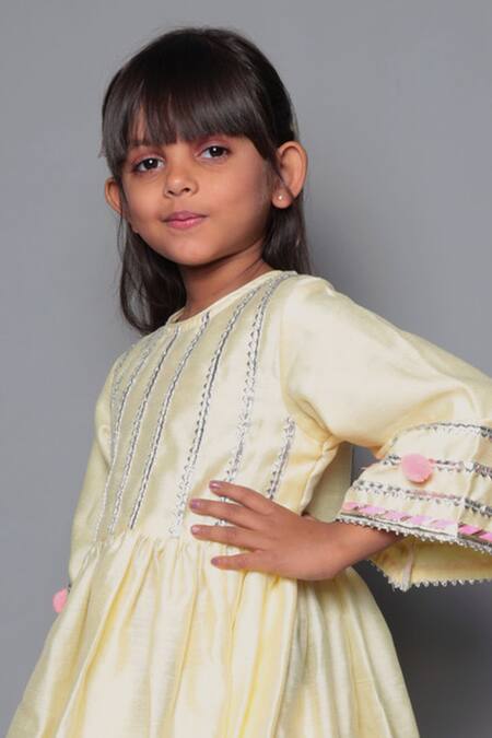 Maaikid Yellow Chanderi, Cotton Pom-poms, Gota Patti Embroidered Kurta And Dhoti Pant Set Online at Aza Fashions Maaikid_Yellow Chanderi, Cotton Pom-poms, Gota Patti Embroidered Kurta And Dhoti Pant Set _Online_at_Aza_Fashions