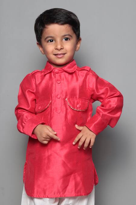 Buy_Maaikid_Red Chanderi, Satin, Pathani Set _Online_at_Aza_Fashions