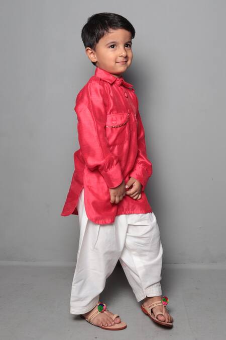 Maaikid_Red Chanderi, Satin, Pathani Set _Online_at_Aza_Fashions