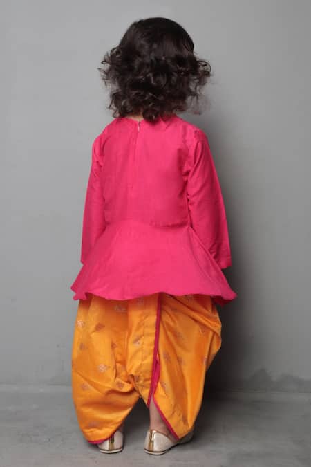 Shop Maaikid Pink Chanderi, Cotton, Silk Embroidery Kurta And Dhoti Pant Set at Aza Fashions Shop_Maaikid_Pink Chanderi, Cotton, Silk Embroidery Kurta And Dhoti Pant Set _at_Aza_Fashions