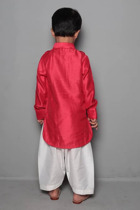 Shop_Maaikid_Red Chanderi, Satin, Pathani Set _at_Aza_Fashions