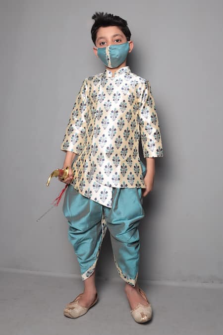 Maaikid Grey Cotton, Silk Embroidery Printed Sherwani Set 