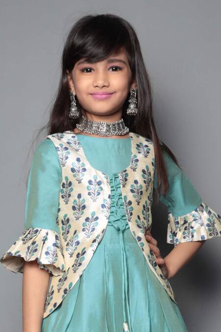 Shop_Maaikid_Blue Cotton Silk Gown With Printed Jacket  _Online_at_Aza_Fashions