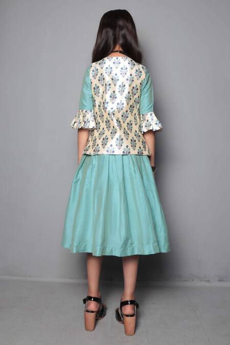 Shop_Maaikid_Blue Cotton Silk Gown With Printed Jacket  _at_Aza_Fashions
