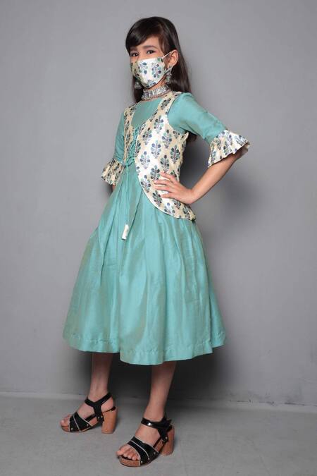 Maaikid_Blue Cotton Silk Gown With Printed Jacket  _Online_at_Aza_Fashions
