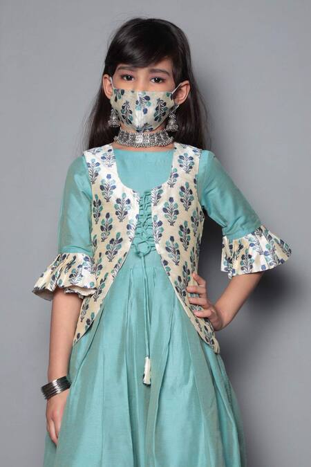 Buy_Maaikid_Blue Cotton Silk Gown With Printed Jacket  _Online_at_Aza_Fashions