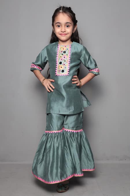 Maaikid Green Chanderi, Cotton Mirrors Kurta And Sharara Set