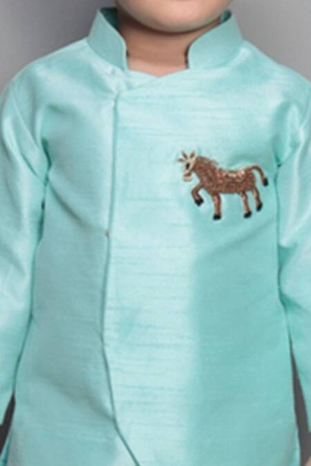 Shop Maaikid Blue Cotton, Silk Embroidery Overlap Kurta Set Online at Aza Fashions Shop_Maaikid_Blue Cotton, Silk Embroidery Overlap Kurta Set _Online_at_Aza_Fashions