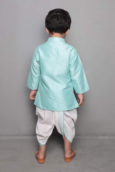 Shop Maaikid Blue Cotton, Silk Embroidery Overlap Kurta Set at Aza Fashions Shop_Maaikid_Blue Cotton, Silk Embroidery Overlap Kurta Set _at_Aza_Fashions