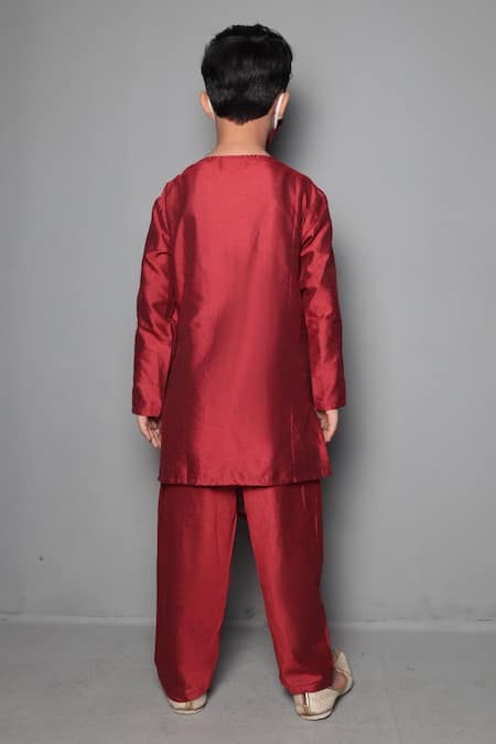 Shop Maaikid Red Modal, Silk, Cotton Embroidery Printed Asymmetric Kurta Set at Aza Fashions Shop_Maaikid_Red Modal, Silk, Cotton Embroidery Printed Asymmetric Kurta Set _at_Aza_Fashions
