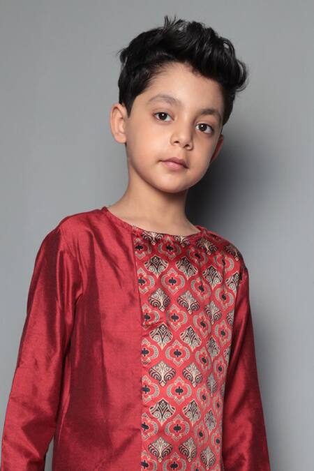 Shop Maaikid Red Modal, Silk, Cotton Embroidery Printed Asymmetric Kurta Set Online at Aza Fashions Shop_Maaikid_Red Modal, Silk, Cotton Embroidery Printed Asymmetric Kurta Set _Online_at_Aza_Fashions