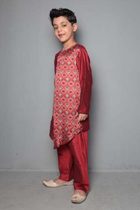Maaikid Red Modal, Silk, Cotton Embroidery Printed Asymmetric Kurta Set