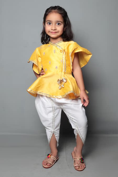 Maaikid Yellow Cotton, Silk Tassels Embroidered Kurta And Dhoti Pant Set