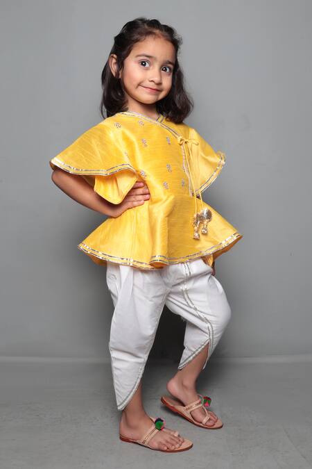Maaikid Yellow Cotton, Silk Tassels Embroidered Kurta And Dhoti Pant Set Online at Aza Fashions Maaikid_Yellow Cotton, Silk Tassels Embroidered Kurta And Dhoti Pant Set _Online_at_Aza_Fashions