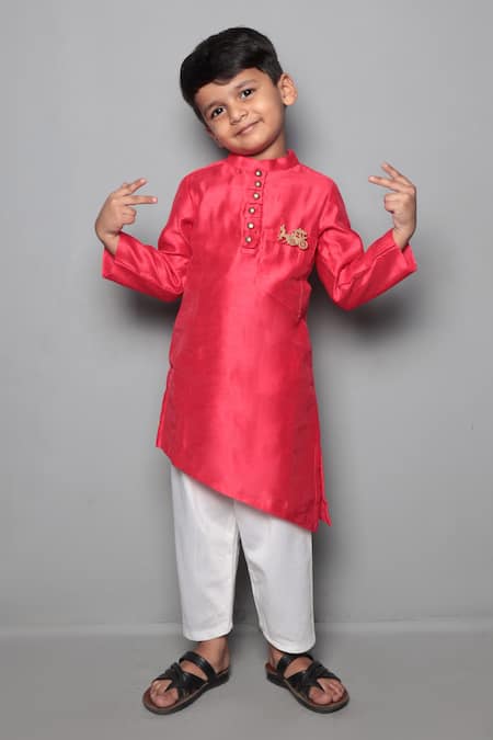 Maaikid Red Chanderi, Cotton Embroidery Kurta Set 