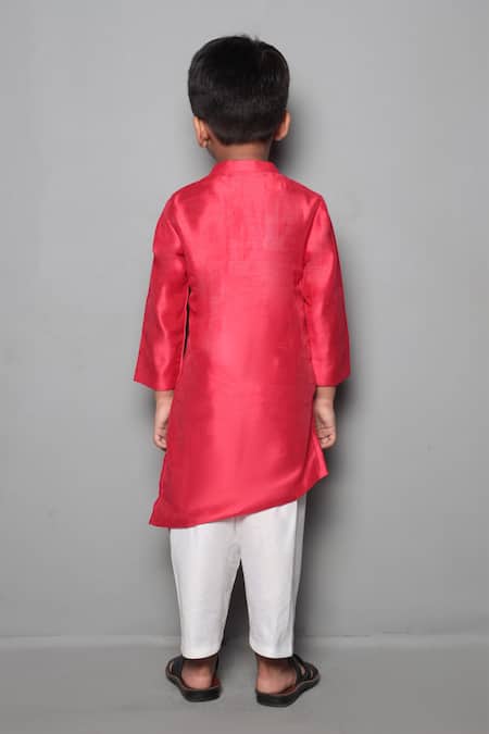 Shop_Maaikid_Red Chanderi, Cotton Embroidery Kurta Set _at_Aza_Fashions
