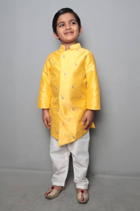 Buy_Maaikid_Yellow Art Raw Silk Embroidered Kurta Set  _Online_at_Aza_Fashions