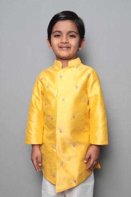 Shop_Maaikid_Yellow Art Raw Silk Embroidered Kurta Set  _Online_at_Aza_Fashions