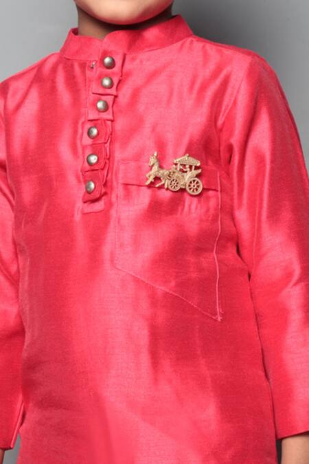 Shop_Maaikid_Red Chanderi, Cotton Embroidery Kurta Set _Online_at_Aza_Fashions