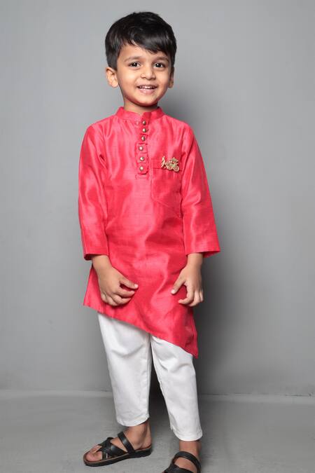 Buy_Maaikid_Red Chanderi, Cotton Embroidery Kurta Set _Online_at_Aza_Fashions