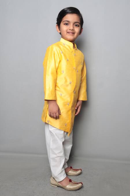 Maaikid_Yellow Art Raw Silk Embroidered Kurta Set  _Online_at_Aza_Fashions